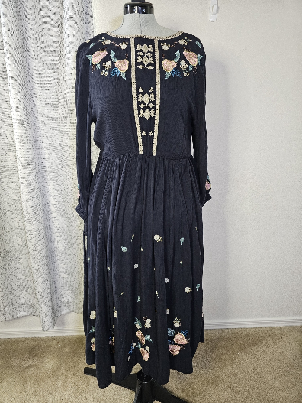 Free People Navy Embroidered Wrap Midi Dress - Picture 2 of 11